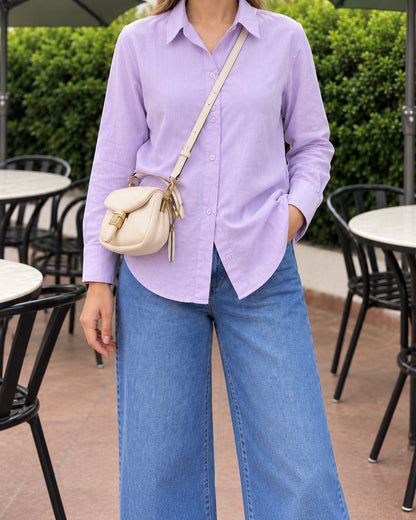 Relaxed Fit Cotton Shirt for Women with Full Sleeves and Curved Hem