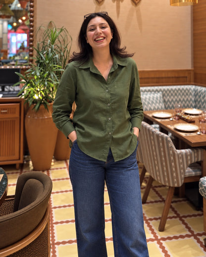 Relaxed Fit Cotton Shirt for Women with Full Sleeves and Curved Hem