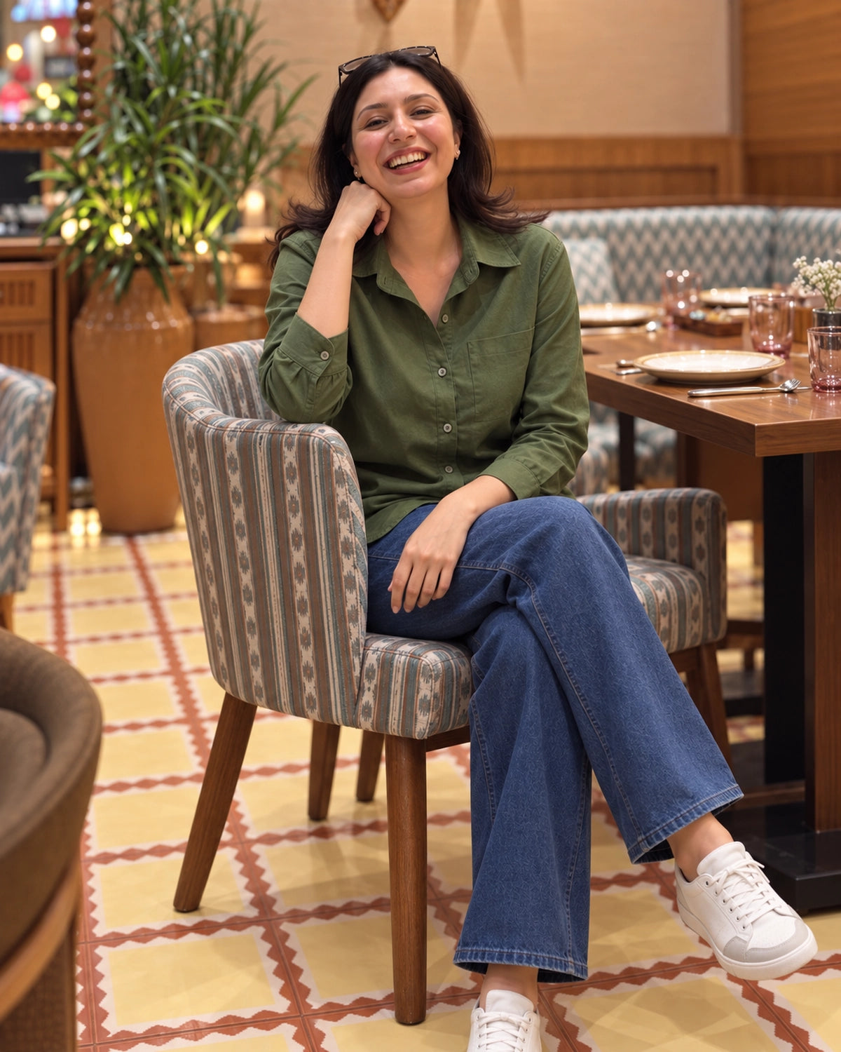 Relaxed Fit Cotton Shirt for Women with Full Sleeves and Curved Hem