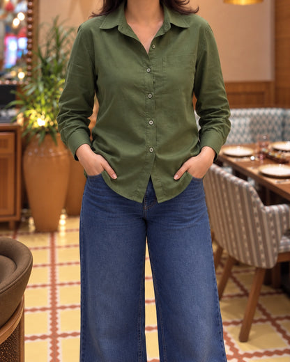 Relaxed Fit Cotton Shirt for Women with Full Sleeves and Curved Hem