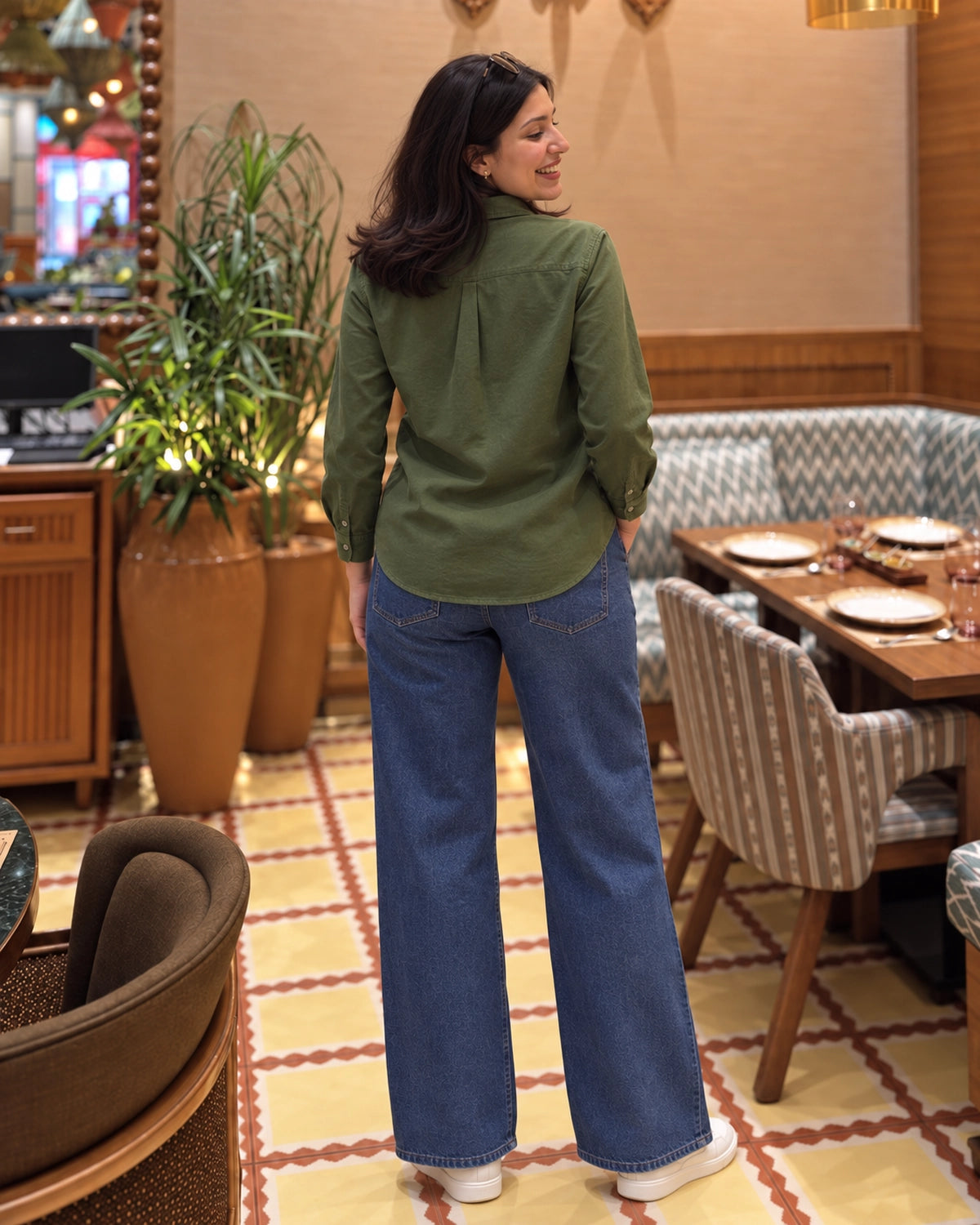Relaxed Fit Cotton Shirt for Women with Full Sleeves and Curved Hem