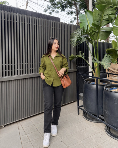 Relaxed Fit Cotton Shirt for Women with Full Sleeves and Curved Hem