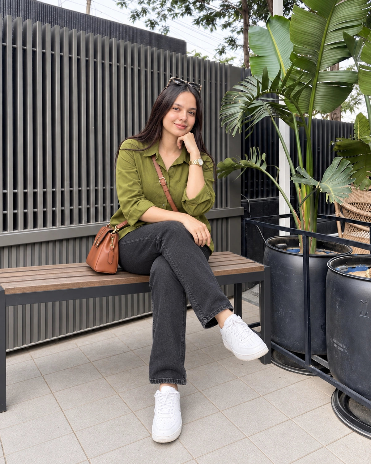 Relaxed Fit Cotton Shirt for Women with Full Sleeves and Curved Hem