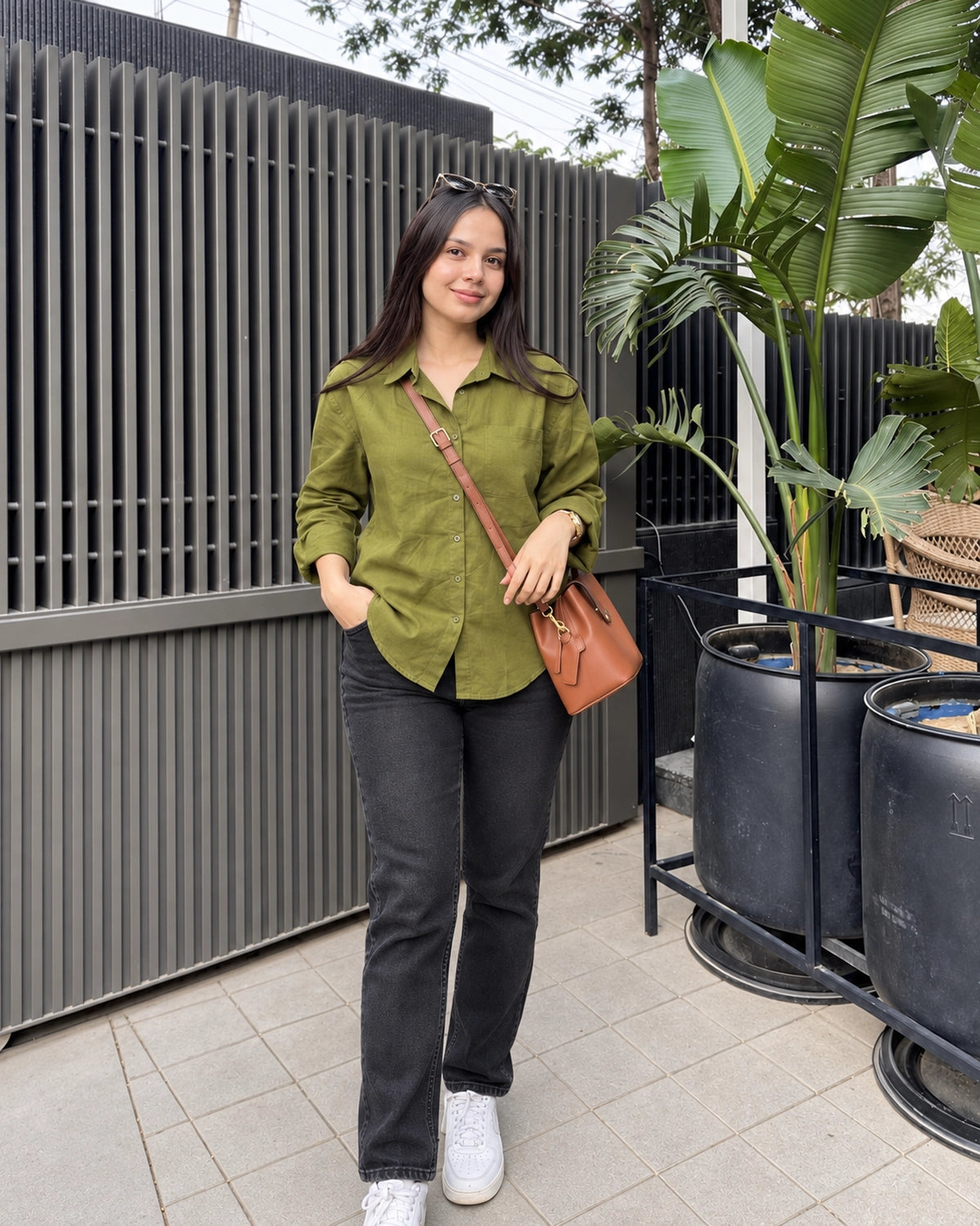 Relaxed Fit Cotton Shirt for Women with Full Sleeves and Curved Hem