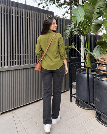 Relaxed Fit Cotton Shirt for Women with Full Sleeves and Curved Hem