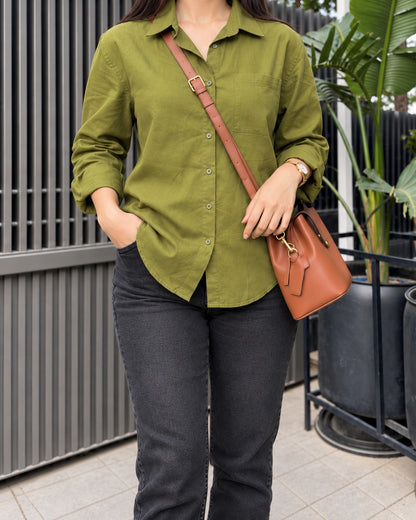 Relaxed Fit Cotton Shirt for Women with Full Sleeves and Curved Hem