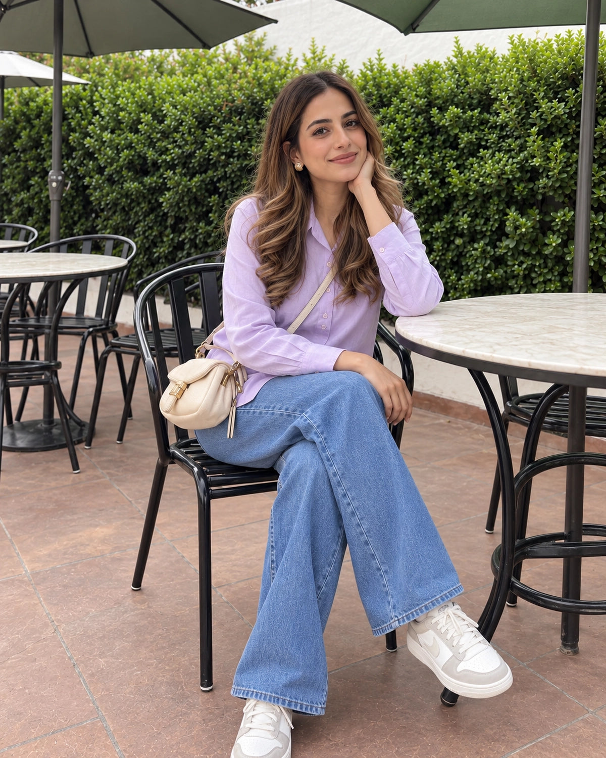 Relaxed Fit Cotton Shirt for Women with Full Sleeves and Curved Hem
