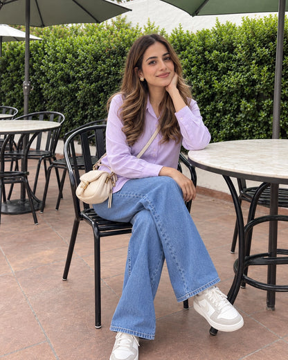 Relaxed Fit Cotton Shirt for Women with Full Sleeves and Curved Hem