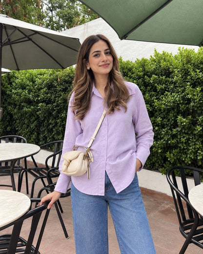 Relaxed Fit Cotton Shirt for Women with Full Sleeves and Curved Hem