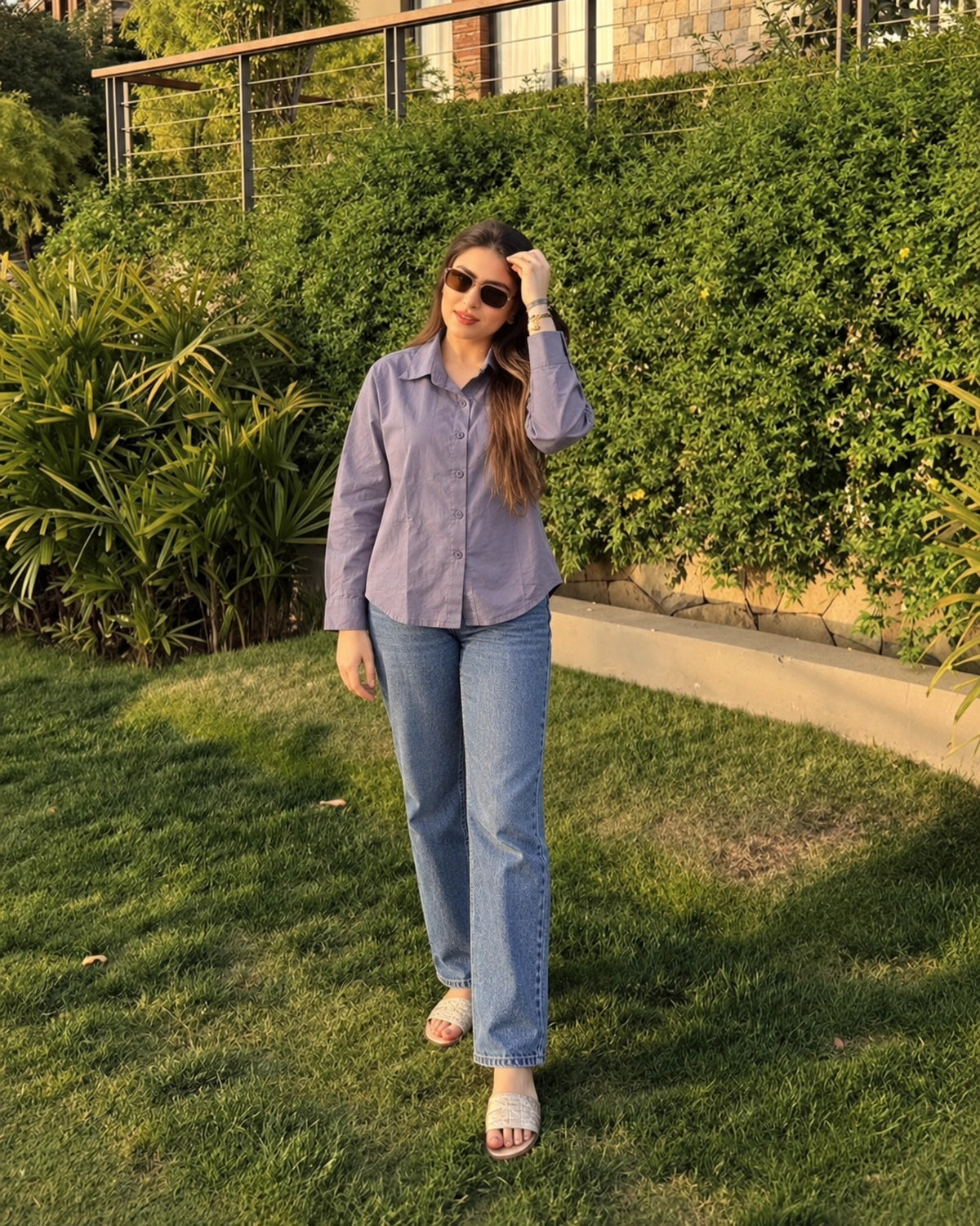 Relaxed Fit Cotton Shirt for Women with Full Sleeves and Curved Hem