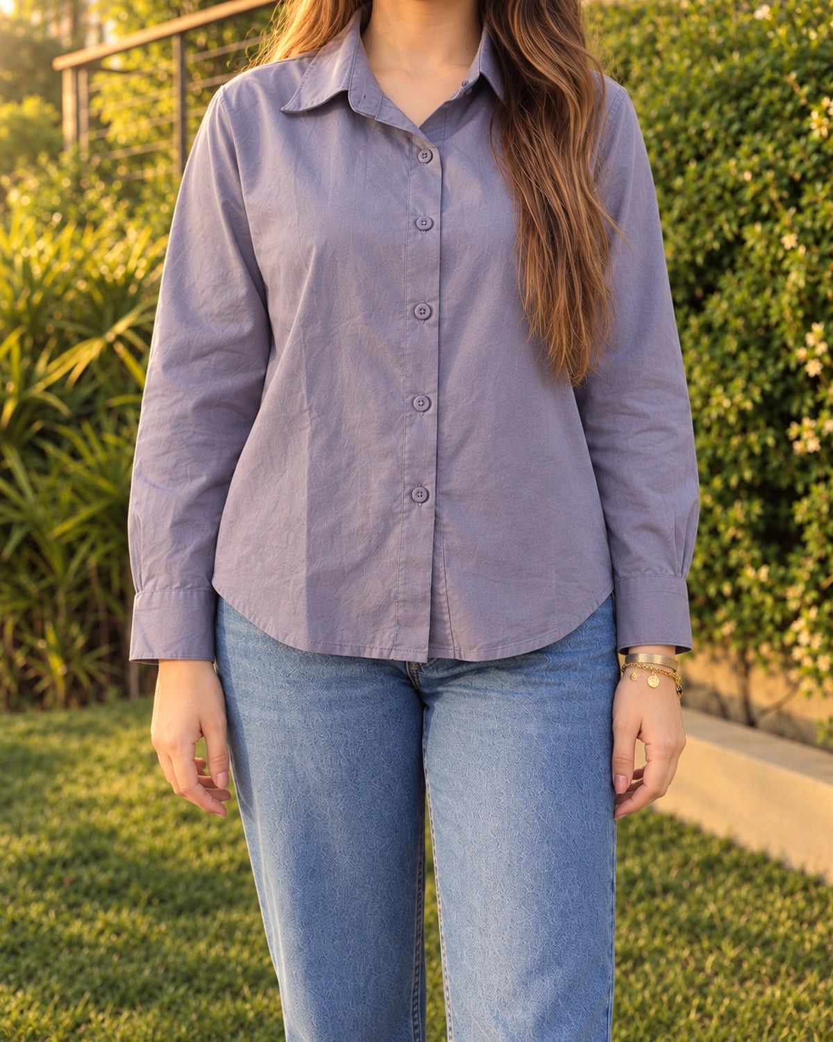 Relaxed Fit Cotton Shirt for Women with Full Sleeves and Curved Hem