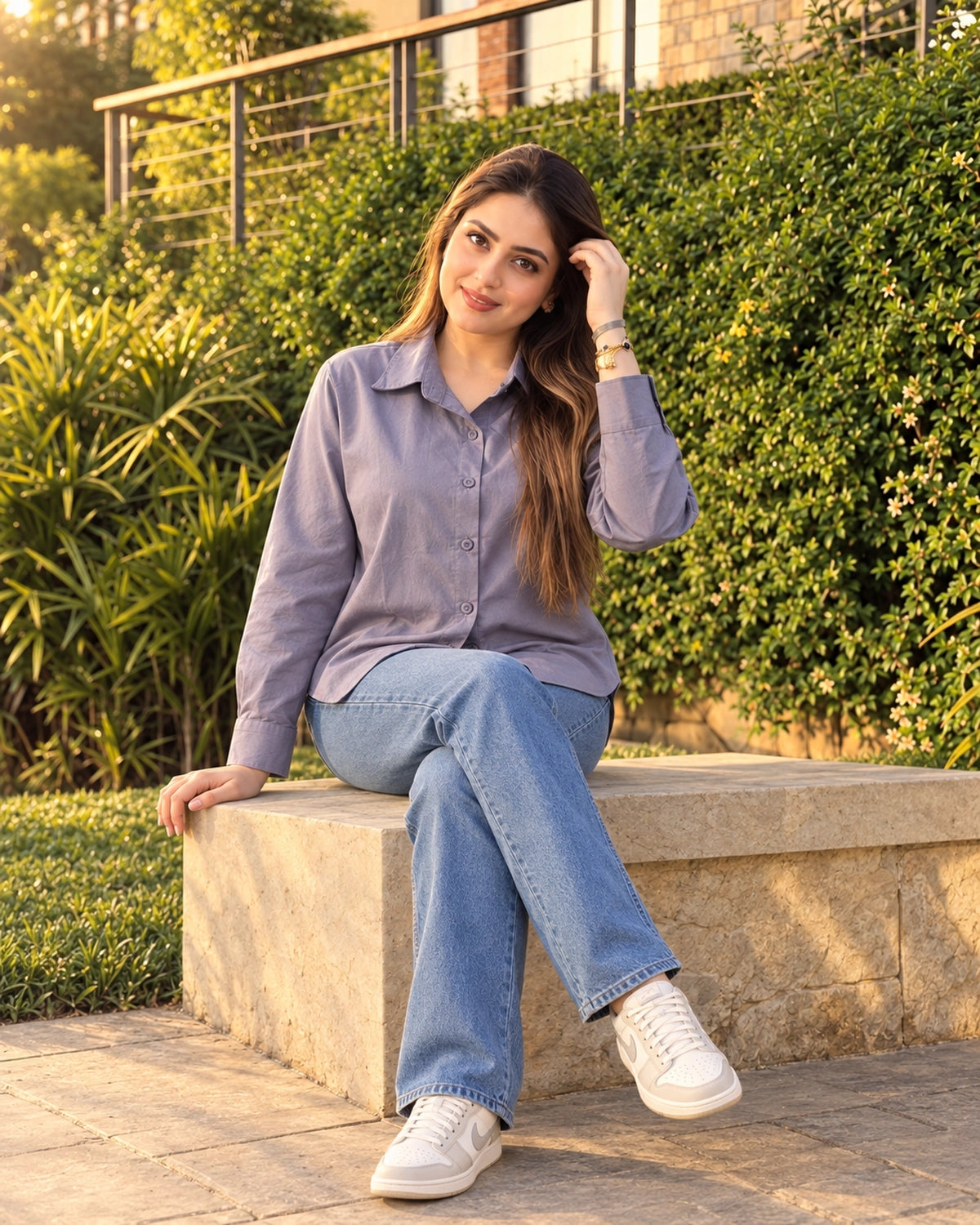 Relaxed Fit Cotton Shirt for Women with Full Sleeves and Curved Hem