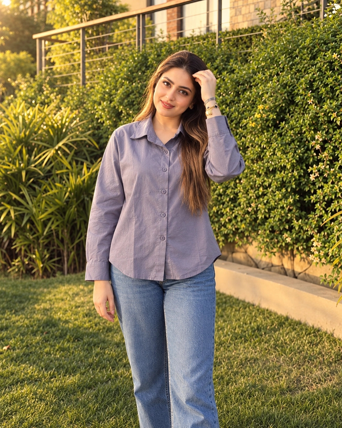 Relaxed Fit Cotton Shirt for Women with Full Sleeves and Curved Hem