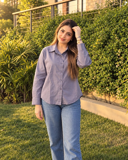 Relaxed Fit Cotton Shirt for Women with Full Sleeves and Curved Hem
