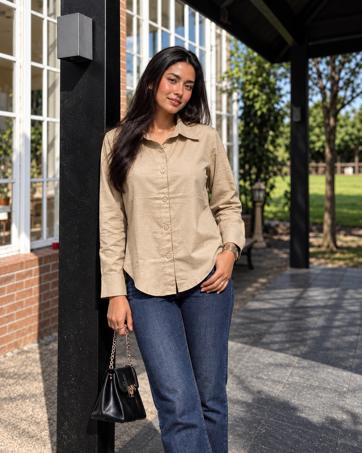 Relaxed Fit Cotton Shirt for Women with Full Sleeves and Curved Hem