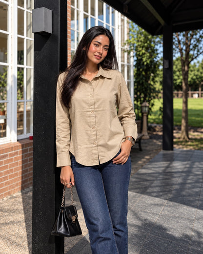 Relaxed Fit Cotton Shirt for Women with Full Sleeves and Curved Hem