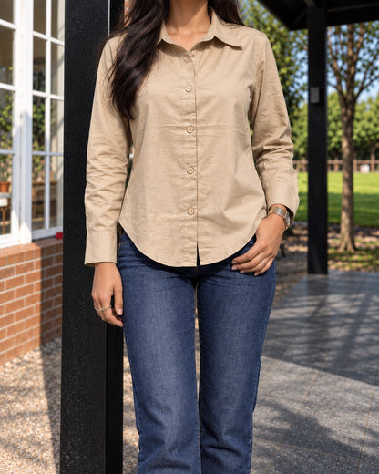 Relaxed Fit Cotton Shirt for Women with Full Sleeves and Curved Hem