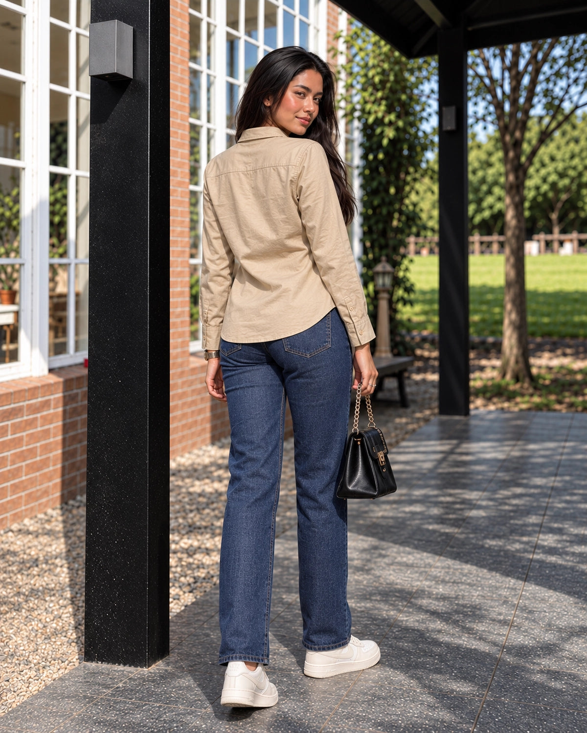 Relaxed Fit Cotton Shirt for Women with Full Sleeves and Curved Hem