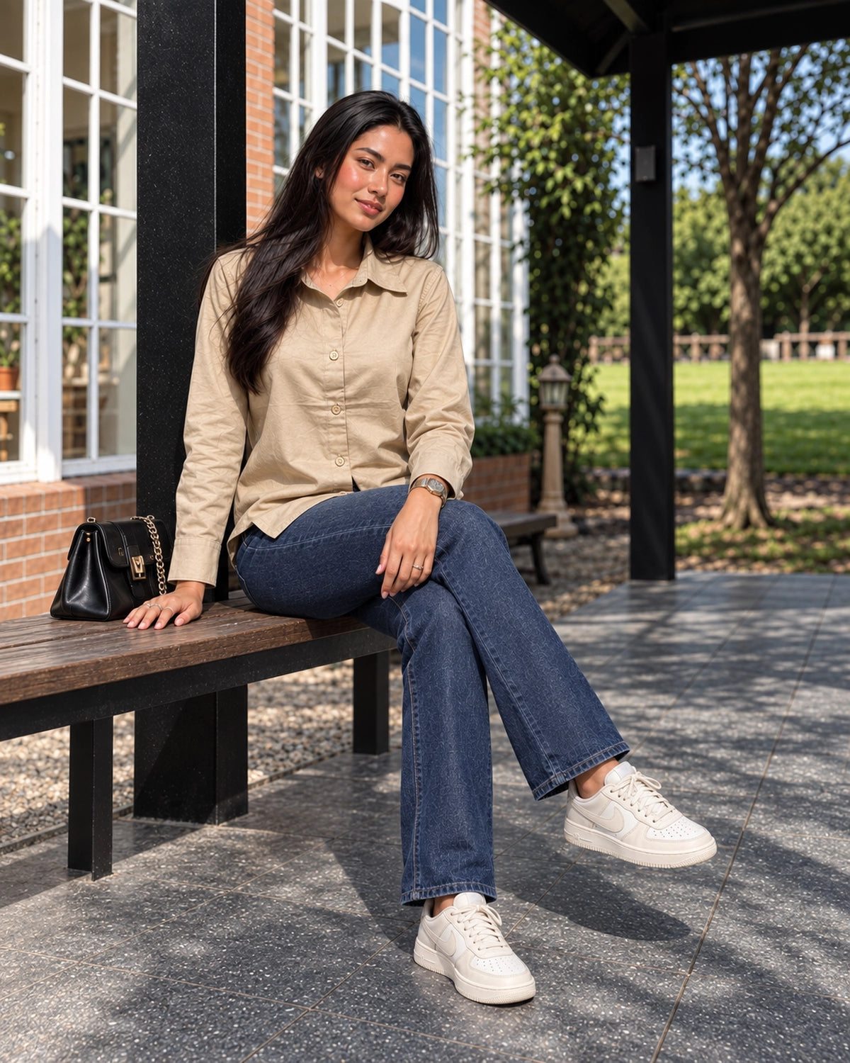 Relaxed Fit Cotton Shirt for Women with Full Sleeves and Curved Hem