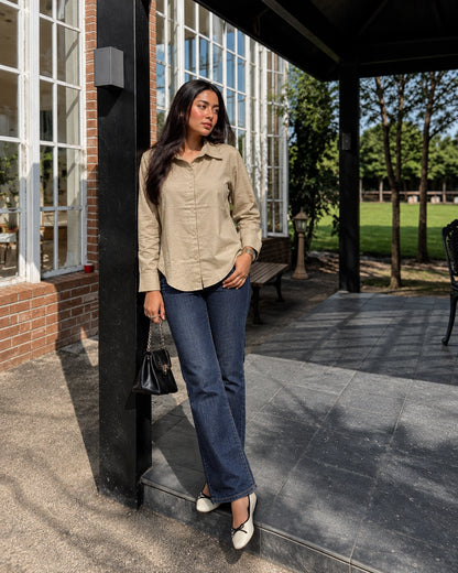 Relaxed Fit Cotton Shirt for Women with Full Sleeves and Curved Hem