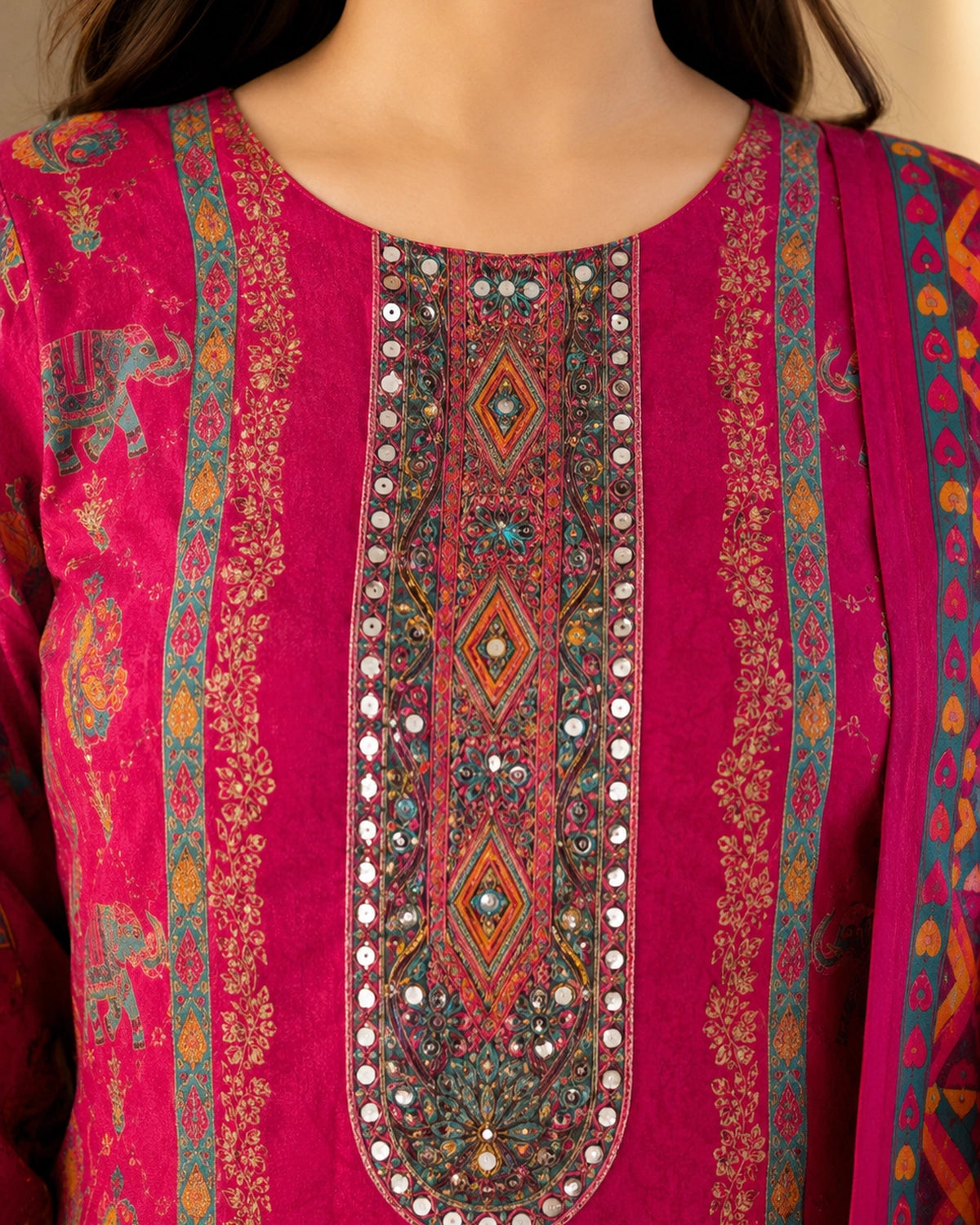 Rani Pink Paisley Print Viscose Kurta Pant Dupatta Set