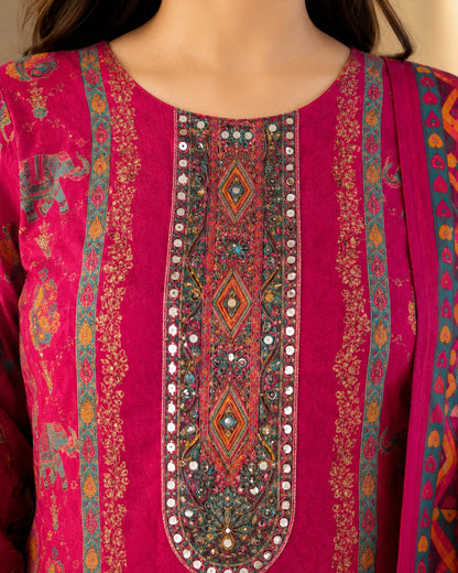 Rani Pink Paisley Print Viscose Kurta Pant Dupatta Set