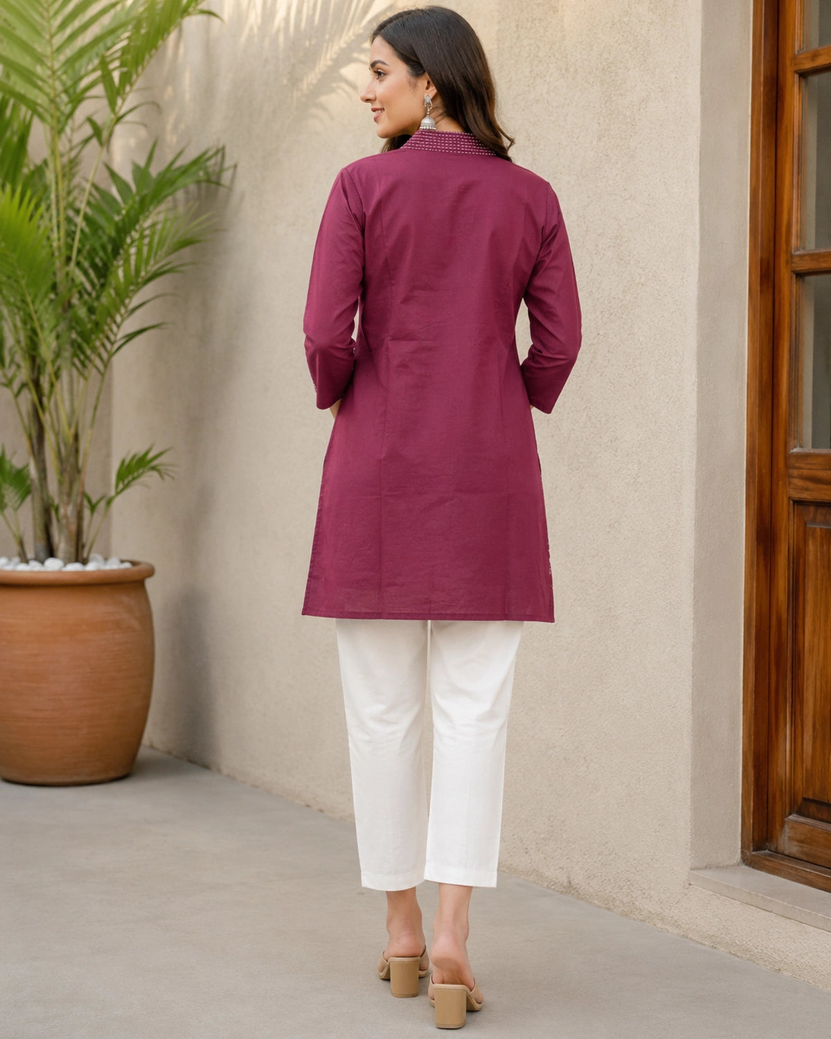 Embroidered V-Neck Three-Quarter Sleeve Cotton Kurti