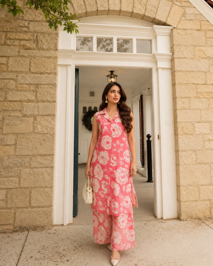 Floral Print Rayon Co-Ord Set with Collar Neck for Vacation Wear