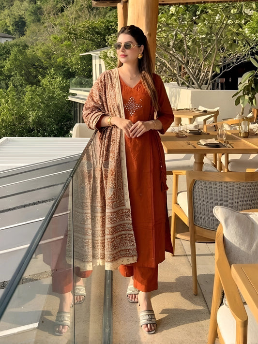 Terracotta V-Neck Kurta Pant Set with Printed Dupatta