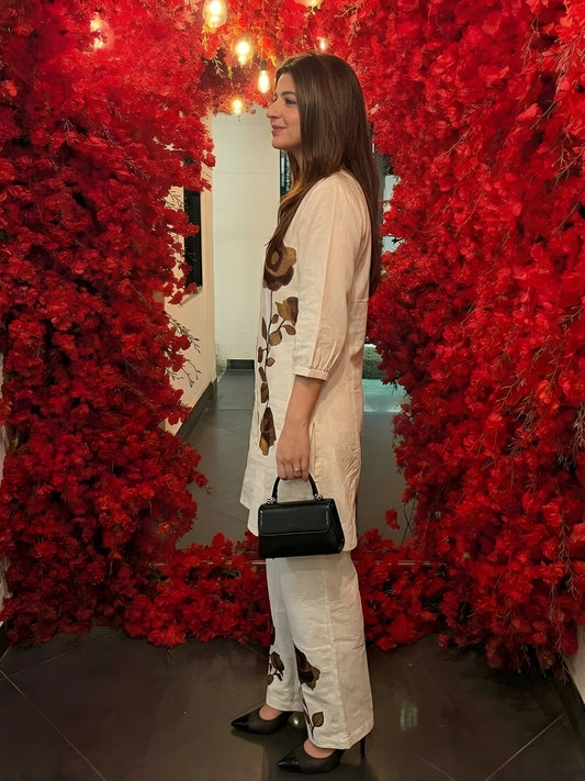 Off-White and Brown Floral Co-Ord Set