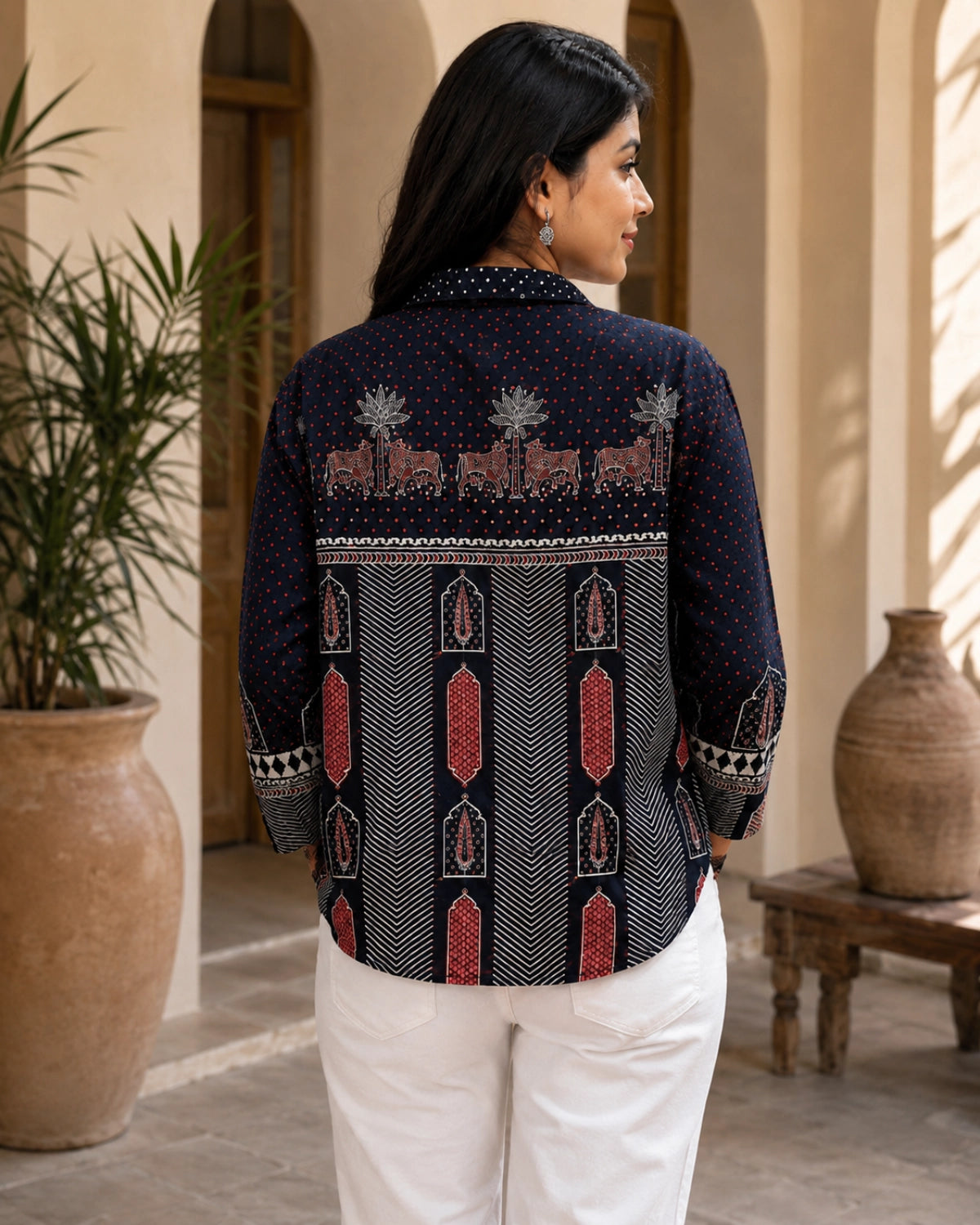 Black Ajrakh Print Viscose Top for Vacation Wear