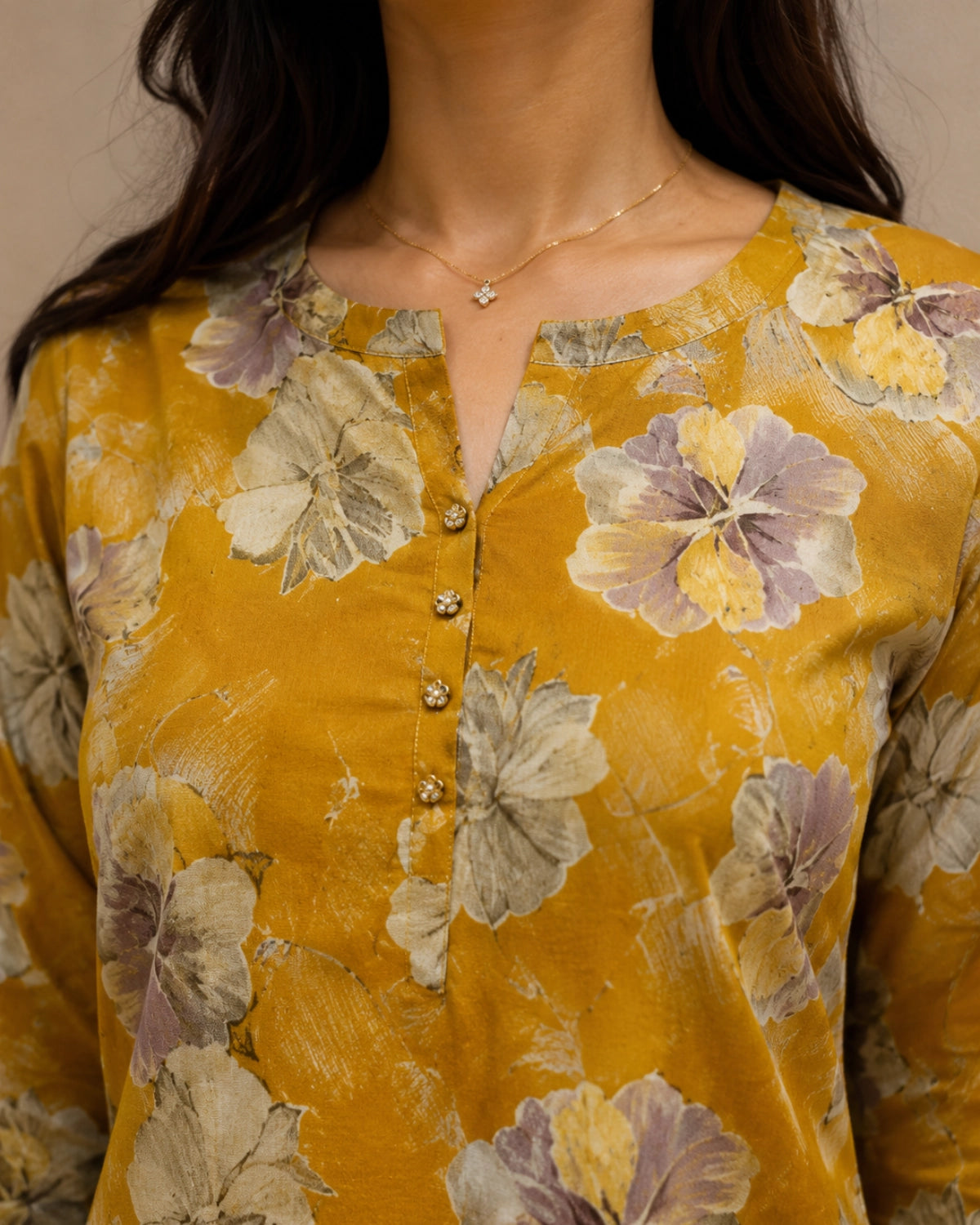 Floral Print Rayon Kurta Pant Set with Round Neck for Daily Wear