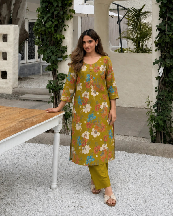 Floral Print Cotton Kurta Pant Set with Round Neck for Daily Wear