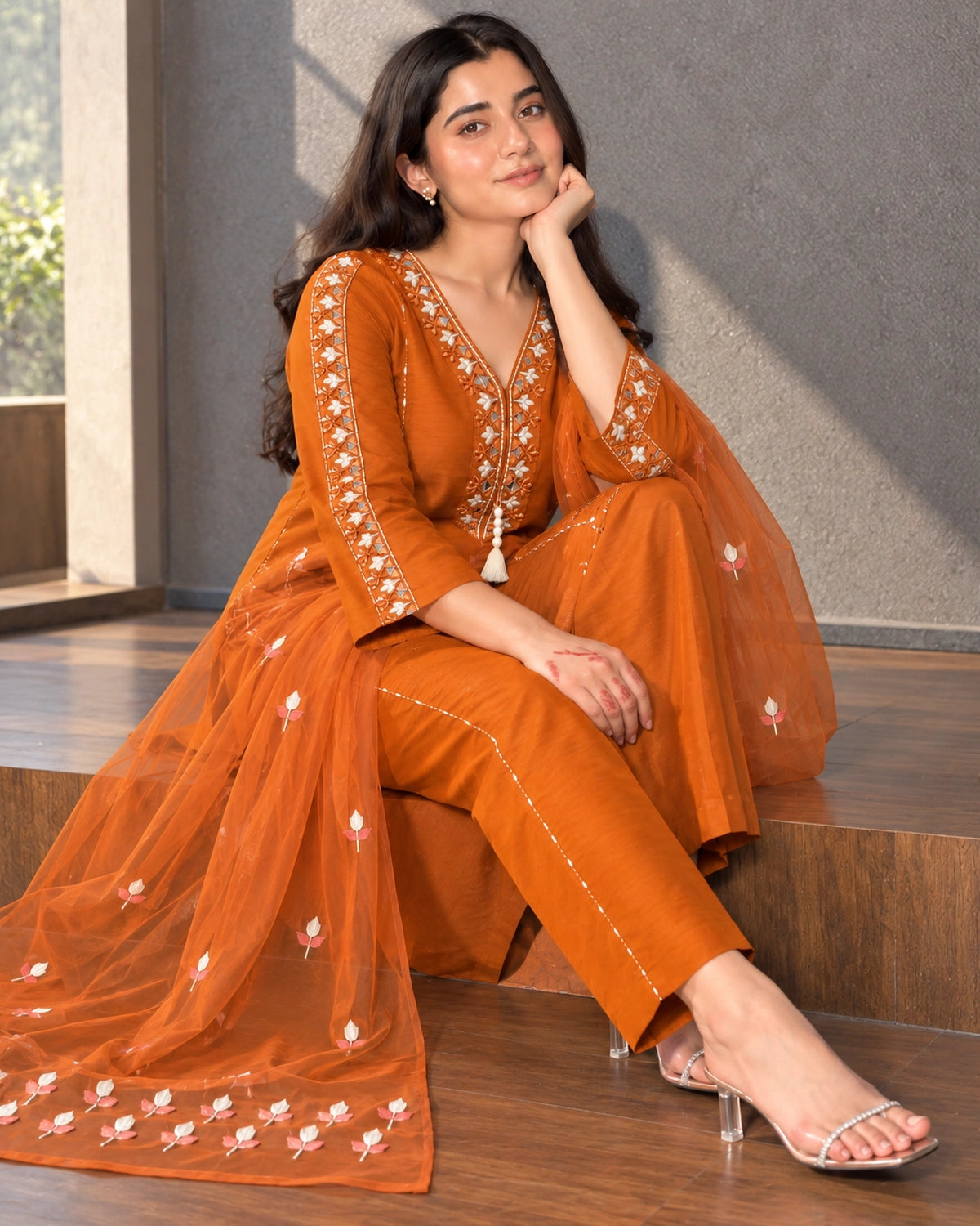 Mirror Embroidered Cotton Kurta Pant Dupatta Set