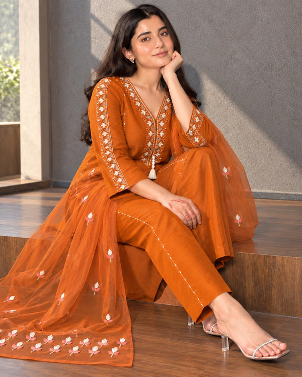 Mirror Embroidered Cotton Kurta Pant Dupatta Set