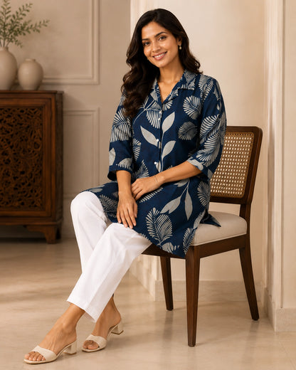 Floral Print Collared Three-Quarter Sleeve Cotton Kurti