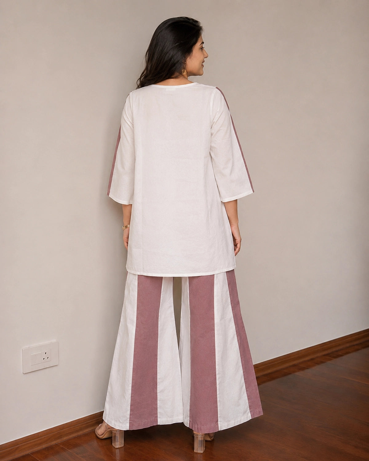 Floral Embroidered V-Neck Flared Cotton Co-ord Set