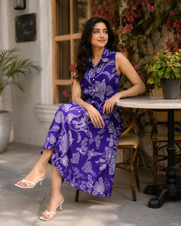 Sleeveless Collared Flared Rayon Midi Dress for Vacation Wear