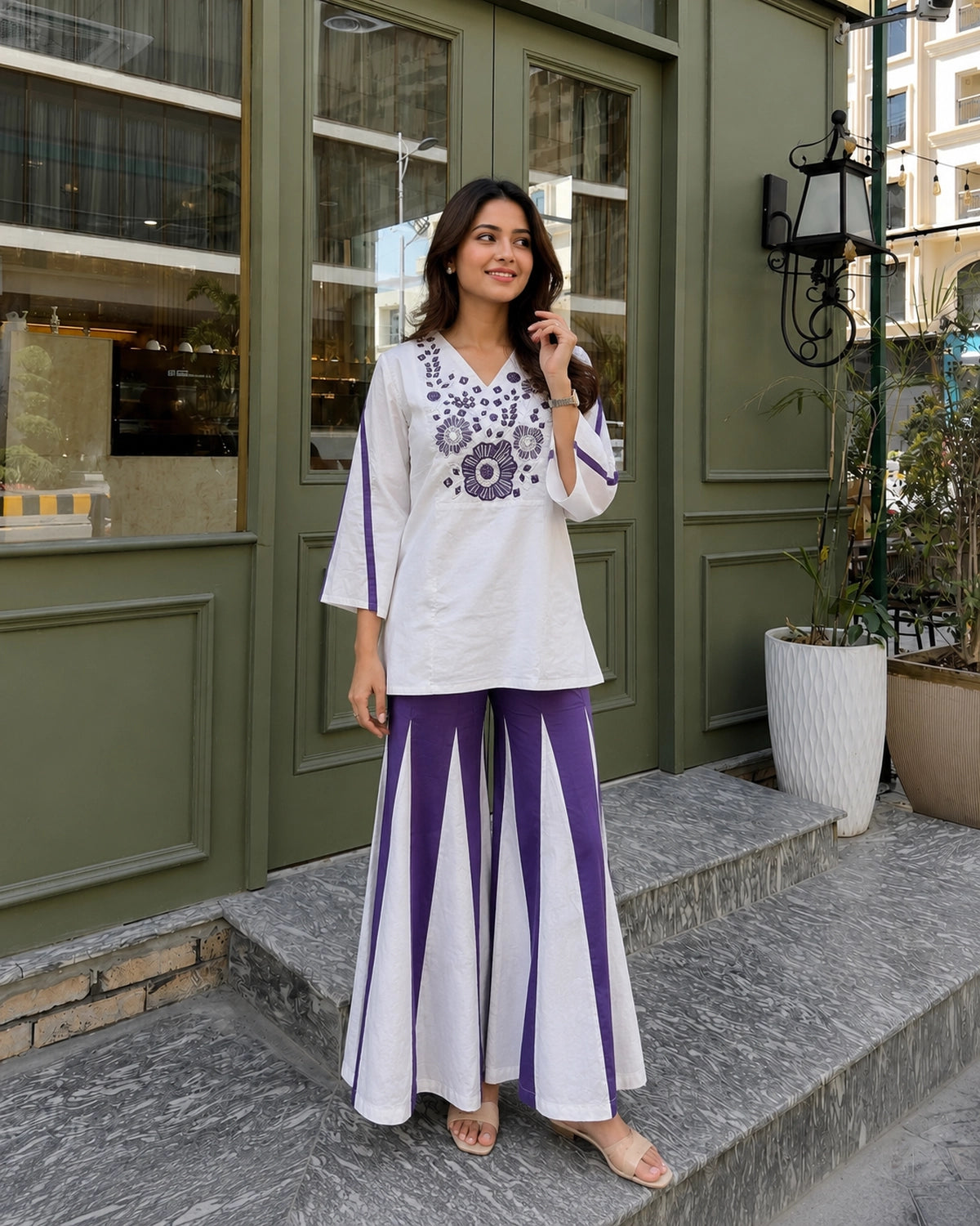 Floral Embroidered V-Neck Flared Cotton Co-ord Set