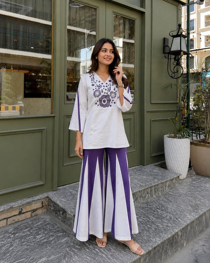 Floral Embroidered V-Neck Flared Cotton Co-ord Set