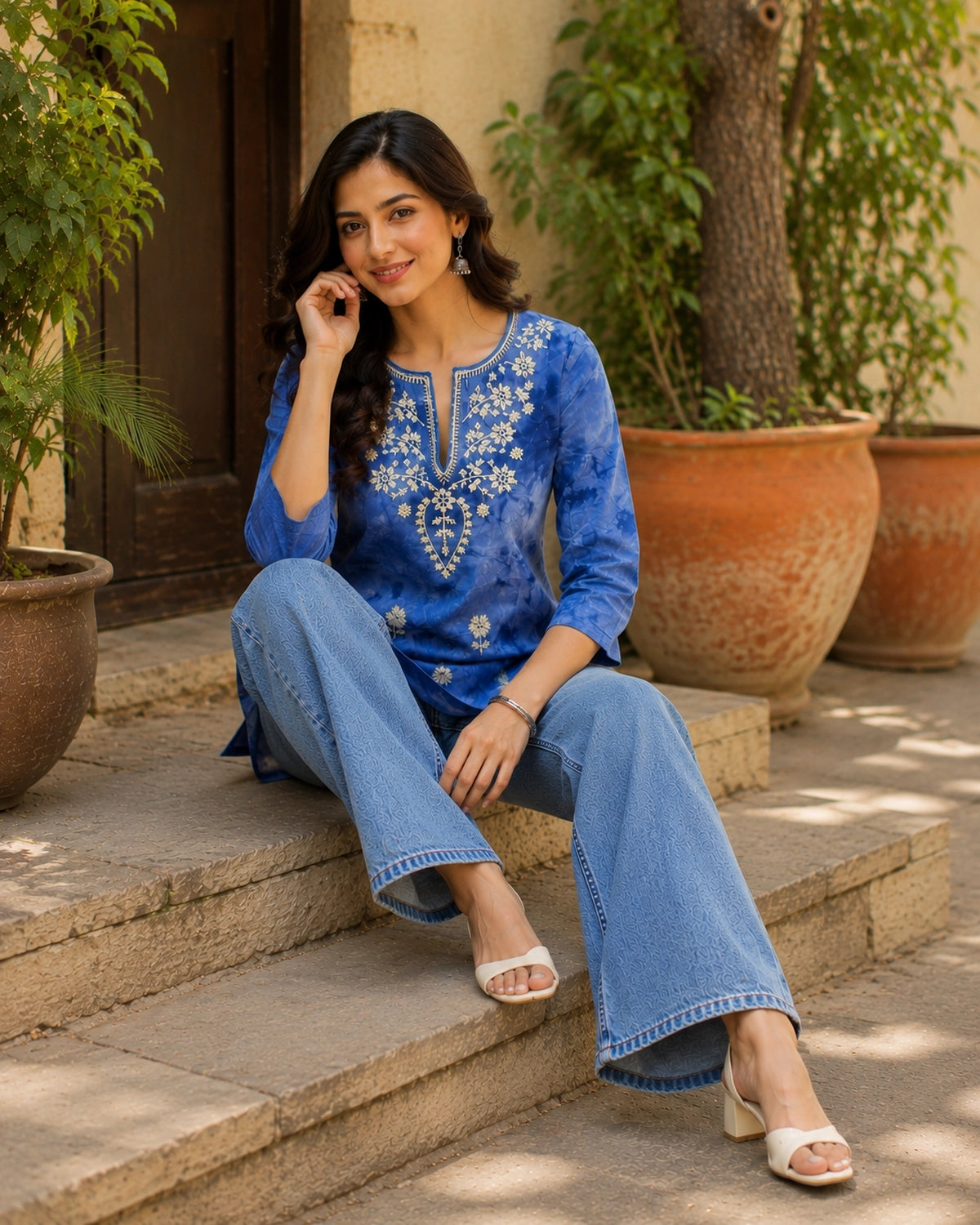 Chikankari Tie-Dye Round Neck Cotton Kurti