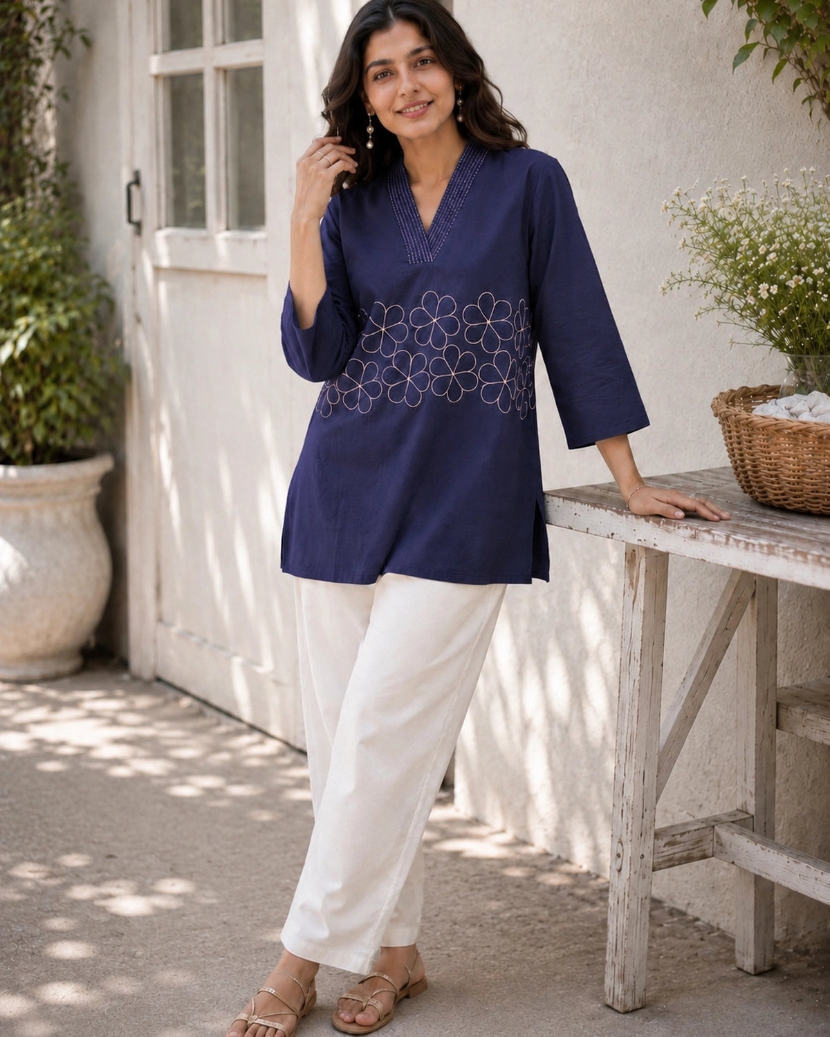 Embroidered V-Neck Three-Quarter Sleeve Cotton Kurti