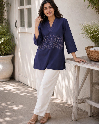 Embroidered V-Neck Three-Quarter Sleeve Cotton Kurti
