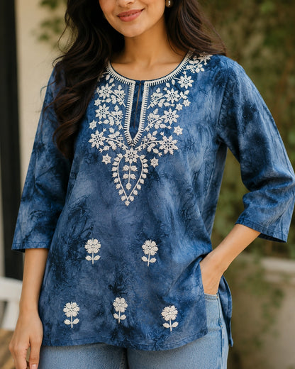 Chikankari Tie-Dye Round Neck Cotton Kurti