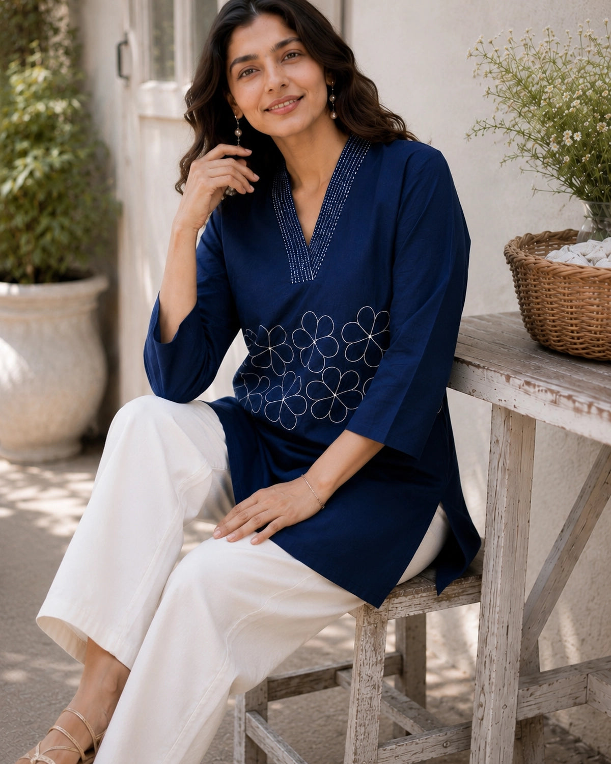 Embroidered V-Neck Three-Quarter Sleeve Cotton Kurti