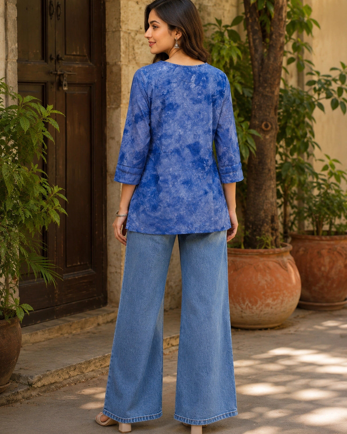 Chikankari Tie-Dye Round Neck Cotton Kurti