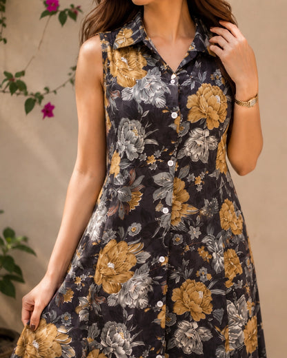 Floral Print Sleeveless Collared Rayon Midi Dress for Vacation