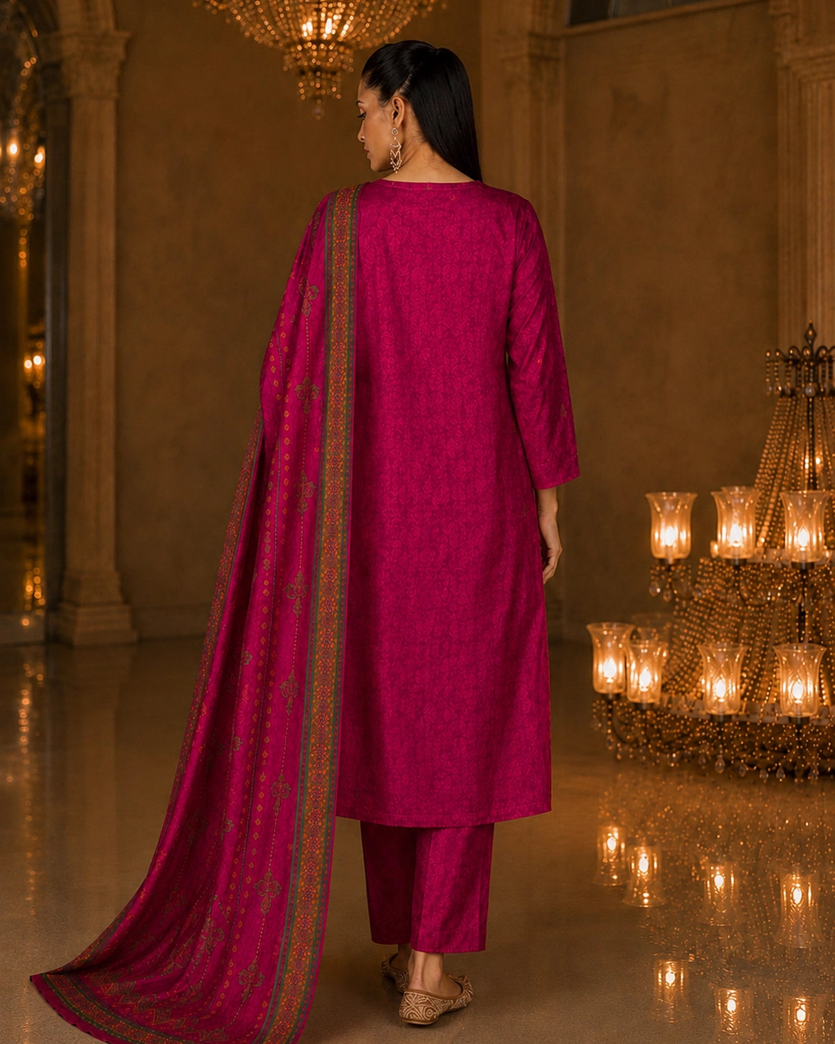 Magenta Jamawar Print Viscose Kurta Pant Dupatta Set