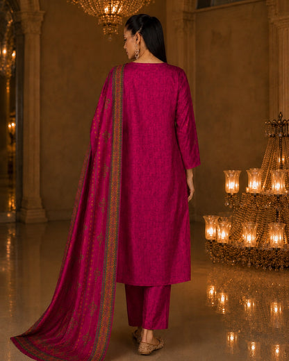 Magenta Jamawar Print Viscose Kurta Pant Dupatta Set