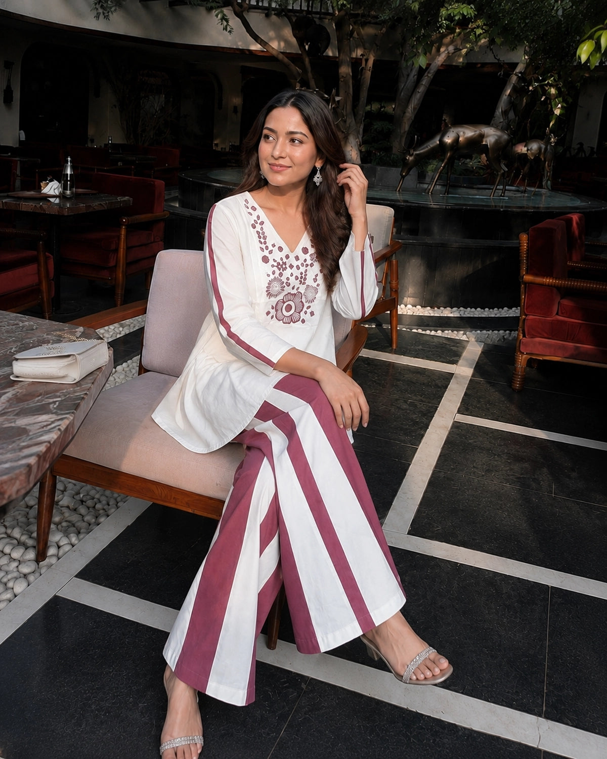 Floral Embroidered V-Neck Flared Cotton Co-ord Set